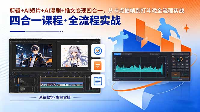 剪辑+AI短片+AI漫剧+推文变现四合一，从卡点抽帧到打斗戏全流程实战
